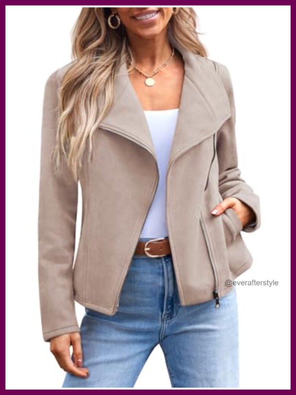 Faux Suede Leather Lightweight Fall Moto Jacket Loose Fit Notch Collar